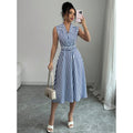 european and american cross-border hot-selling striped waist-defining maxi dress - elegant, slimming, sleeveless a-line dress with belt