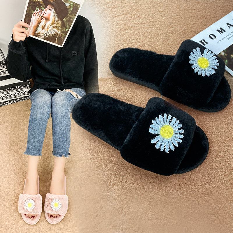 Winter japanese-style daisy print couple's slippers, indoor floor warm home shoes, postpartum care faux rabbit fur plush slippers