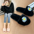 Winter japanese-style daisy print couple's slippers, indoor floor warm home shoes, postpartum care faux rabbit fur plush slippers