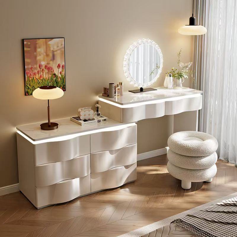 2025 new luxury solid wood vanity table - minimalist bedroom makeup desk with integrated chest of drawers, small storage cabinet, and makeup mirror