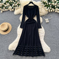 Xiaoxiangfengclassy sense of celebrity heavy industry beading round neck long sleevescut outknittingdress female waist inner long skirt