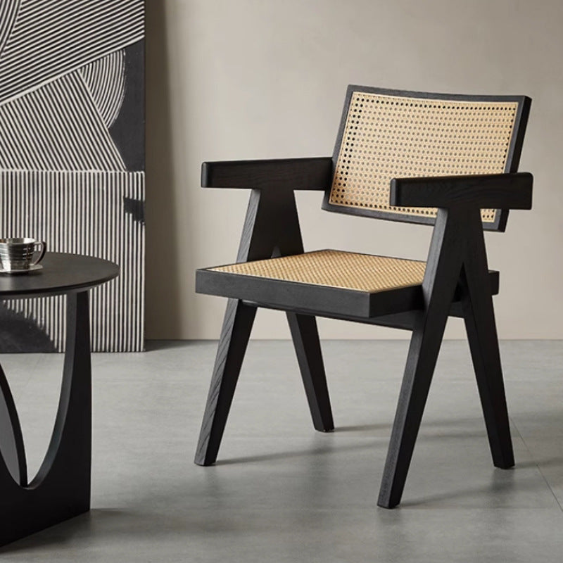 Chandigarh Chair Wabi Solid Wood Dining Chair Rattan with Armrests Black Ash Home