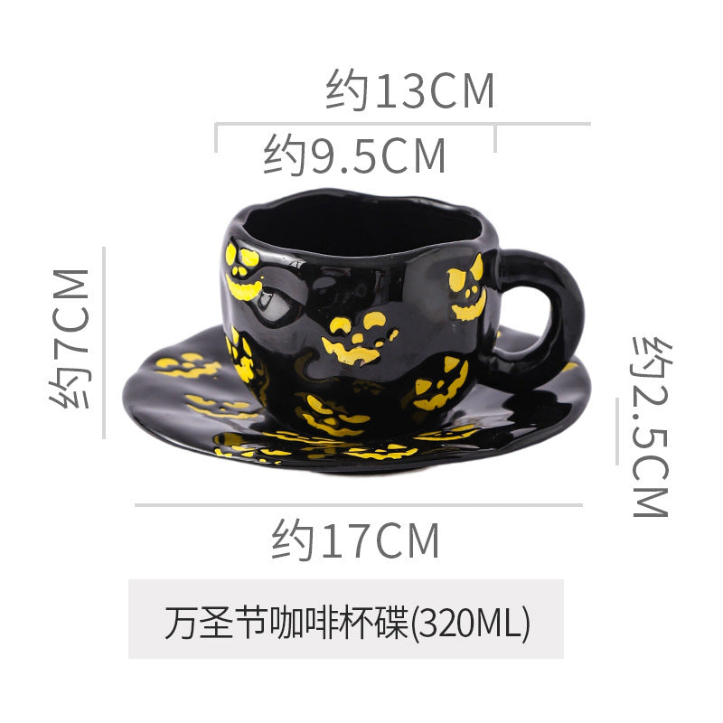 Creative halloween-themed ceramic cup and saucer set, featuring an irregular design with pumpkin and bat motifs. perfect for coffee or tea