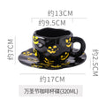 Creative halloween-themed ceramic cup and saucer set, featuring an irregular design with pumpkin and bat motifs. perfect for coffee or tea