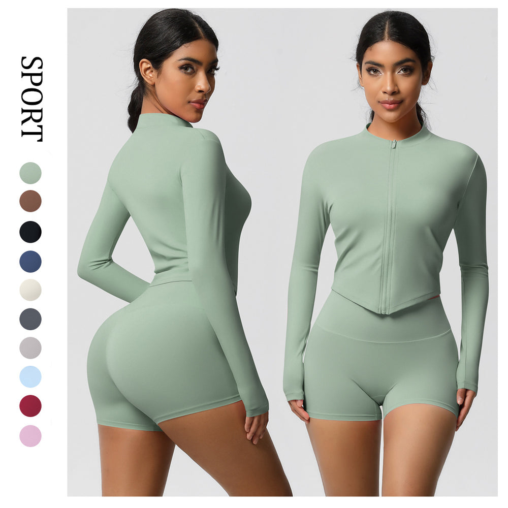pure color brushed nylon nude zipper outwearlong sleeves yoga suit tight running sports fitness suit