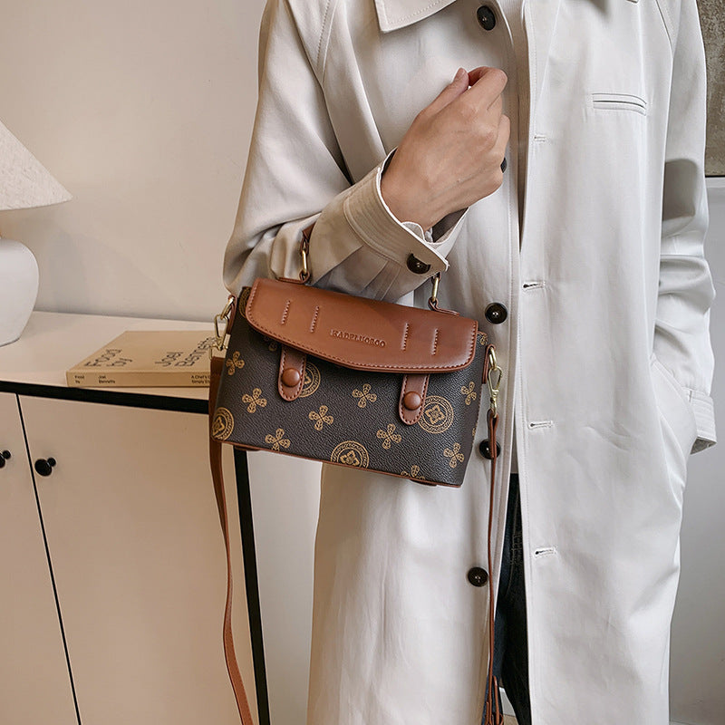High-end retro print handbag for women, 2025 new color block fashion tote bag, shoulder bag, crossbody commuter small square bag