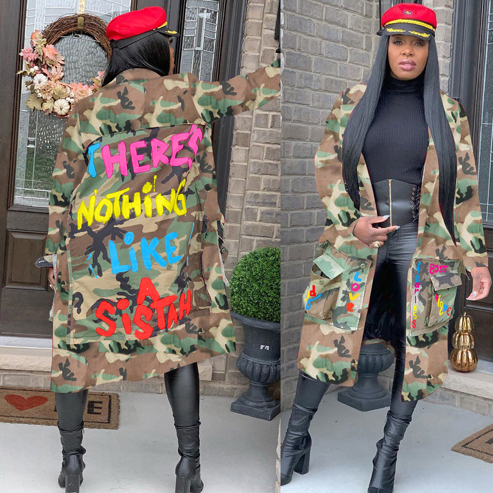 S3726 european and american style long casual fashion camouflage print patchwork jacket for women