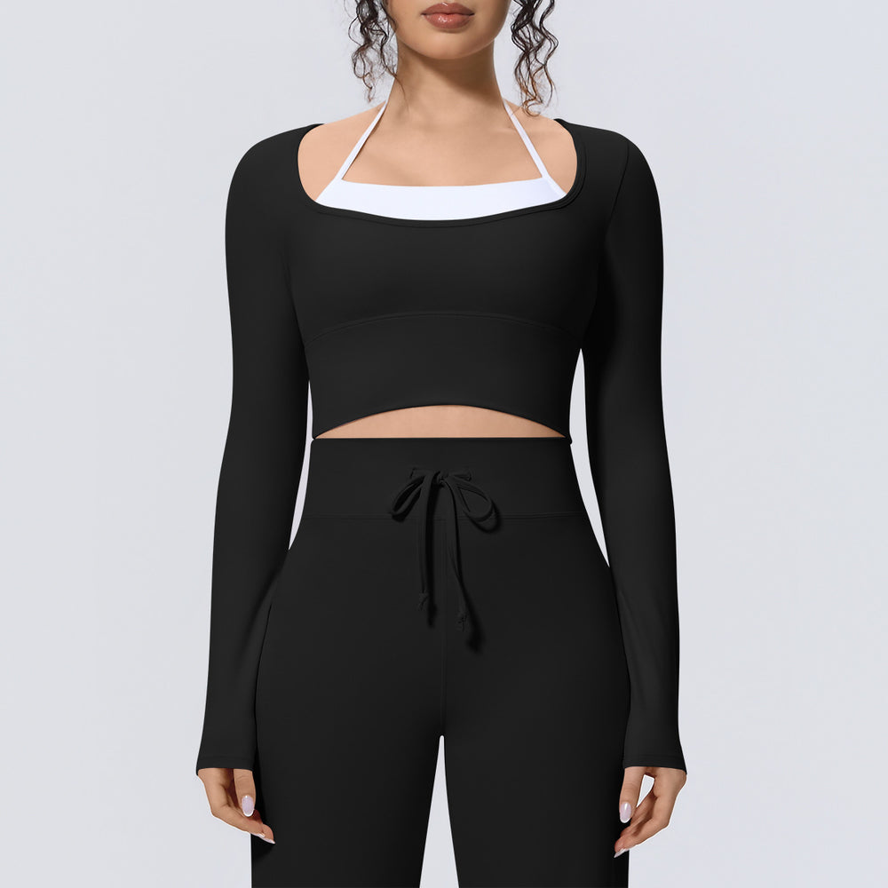 Naked-feel, form-fitting, quick-dry yoga top. faux two-piece design with built-in bra pads. long-sleeved athletic top for pilates, training, and fitness. women's