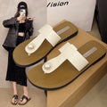 Women's flip-flops for outdoor wear, flat thong sandals, beach flip-flops with pearl embellishments, korean style, summer flat comfort