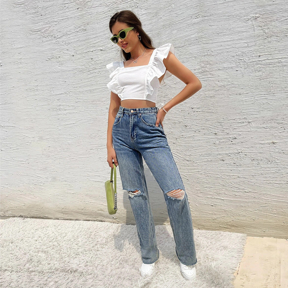 european and american style new backless tie-up ruffle sleeve fresh sweet square neck t-shirt tank top sleeveless top