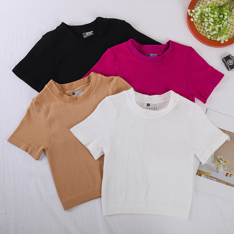 Cross-border new crew neck T-shirt  yoga sports short-sleeved threaded cotton spring and summer pullover short-sleeved top