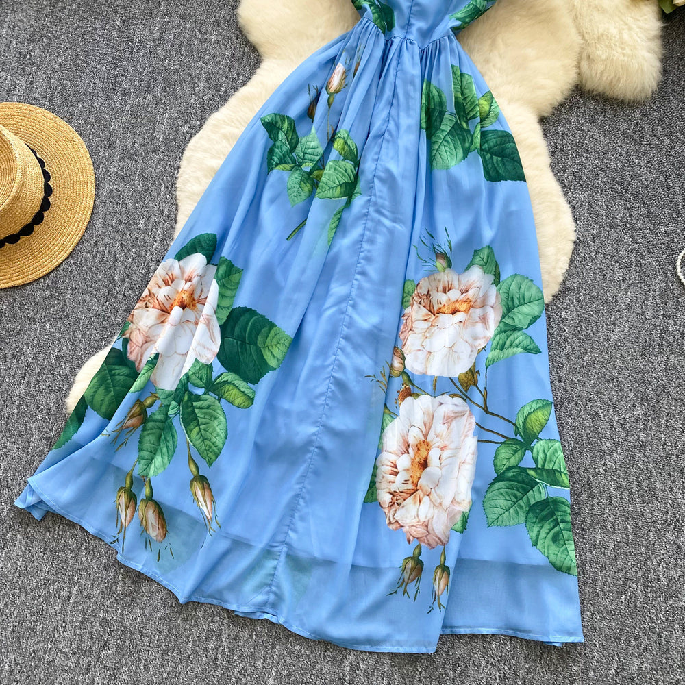 High-end women's dress:  summer collection - sophisticated, niche design, slimming, printed maxi dress with a cinched waist and flowing skirt