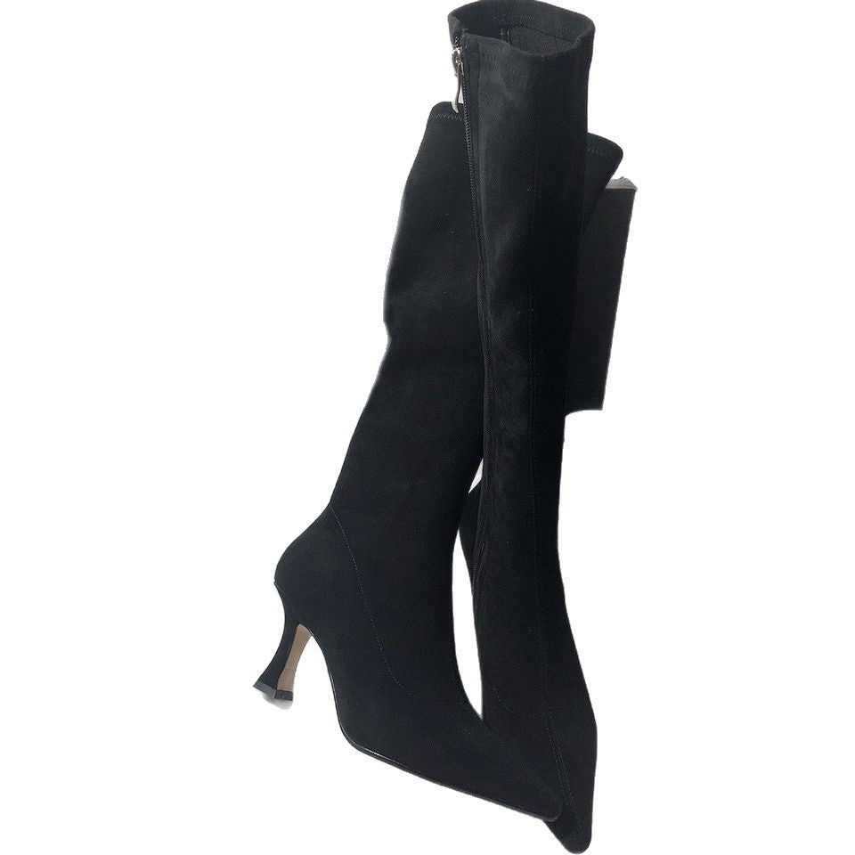 new arrivalk-stylecasual boots, non-knee elastic boots, frosted slim boots, side zipper, pointed toe high-heeled boots for women