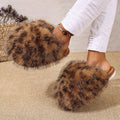 new arrival leopard print long hair toe-warm cotton slippers women's export fluffy large size fur slippers in stock