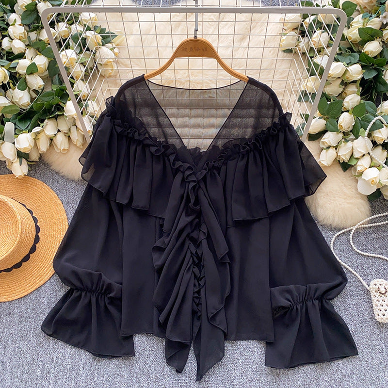 cross-border 2026 summer lazy style elegant socialite rufflespatchwork bell sleeve chiffon shirt loose shirt