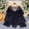 cross-border 2026 summer lazy style elegant socialite rufflespatchwork bell sleeve chiffon shirt loose shirt