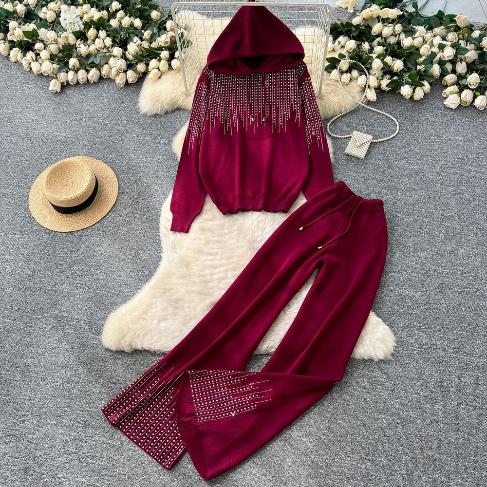 Relaxed and lazy style sweater suit women's autumloose hooded hot diamond knittingtopshigh waistloosestraight-leg pants