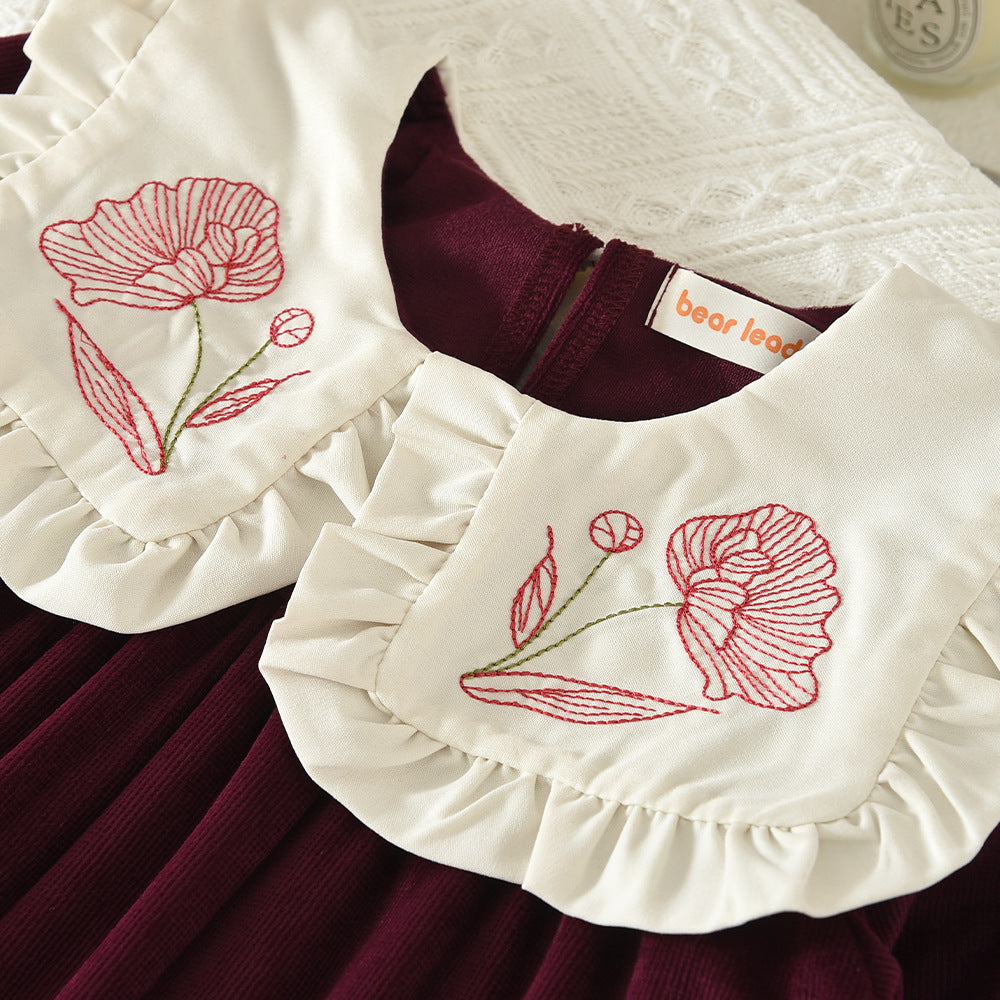 Spring/autumn new girls' dress - embroidered peter pan collar long sleeve sweet & stylish princess dress - cross-border children's wear