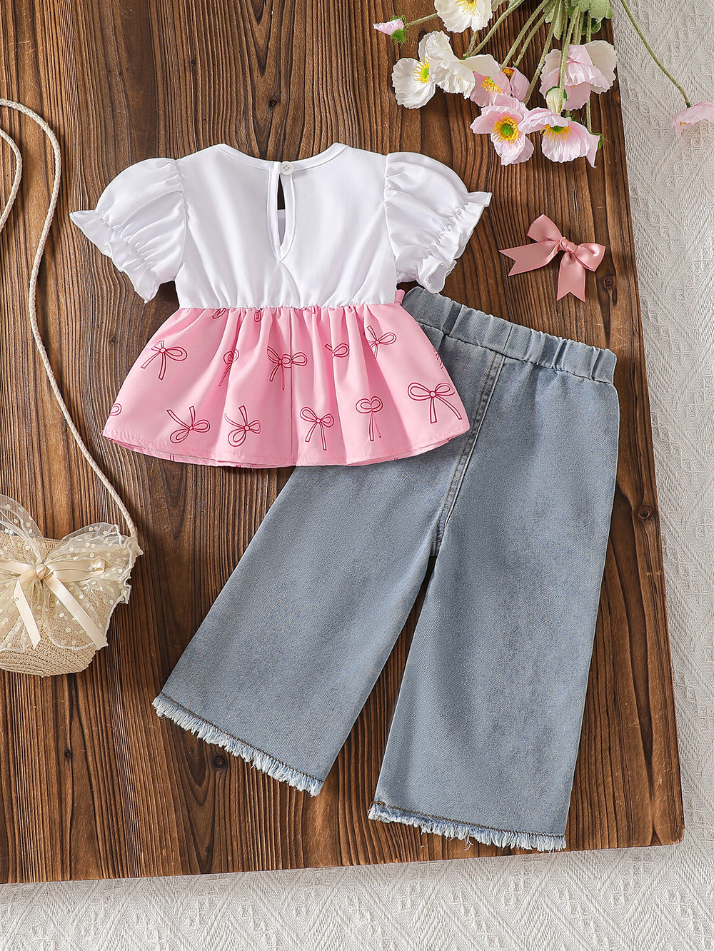 new cross-border baby & toddler bow print cami top & heavy-duty washed denim pants set