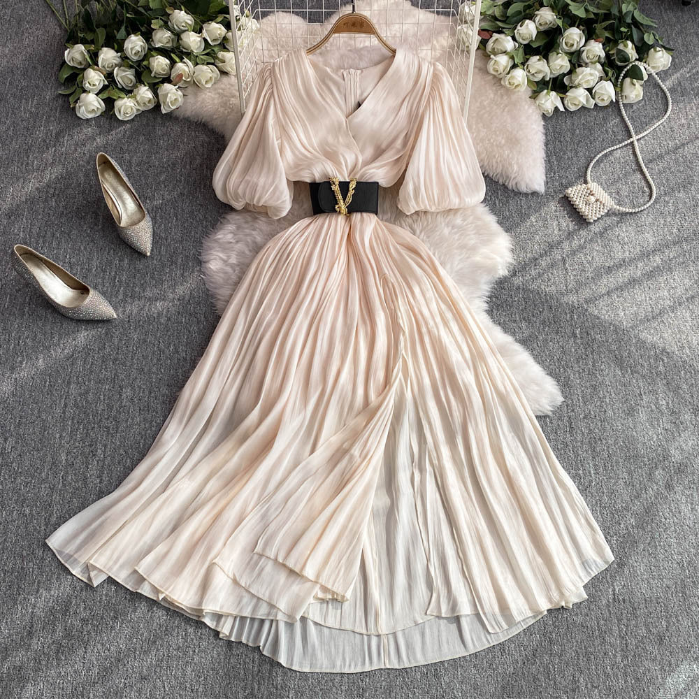 Summer french chic elegant puff sleeve short-sleeve dress v-neck pleated waist flared maxi dress with belt