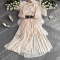 Summer french chic elegant puff sleeve short-sleeve dress v-neck pleated waist flared maxi dress with belt