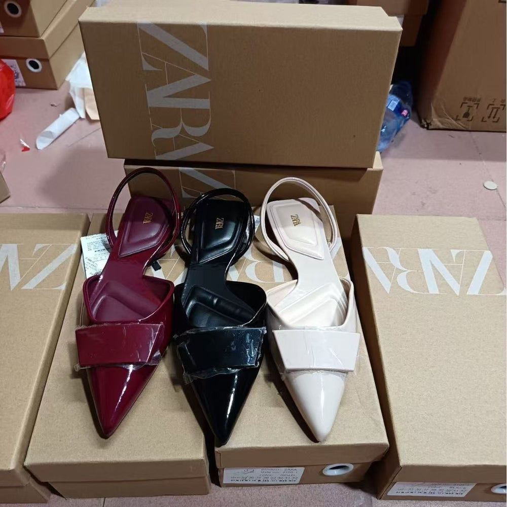 Za2024autum new pointed toe women's shoes fashion patent leather whiteflats square buckle headgear back strap sandals women