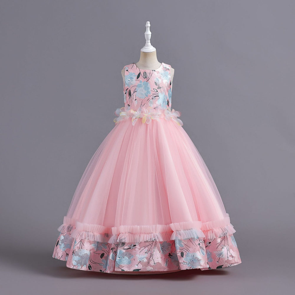 Ready-to-ship wholesale children's formal dresses, featuring a petal waistband and princess silhouette, perfect for little girls' birthdays, piano recitals, and performances