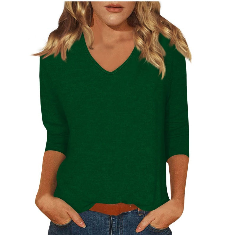 cross-border  women's everyday versatile casual v-neck solid color three-quarter sleeve t-shirt top