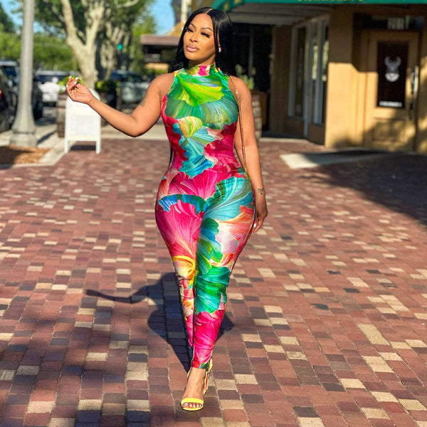 S10778 Hot Sale, Europe, America, Printed Elastic Slim Sleeveless Jumpsuit