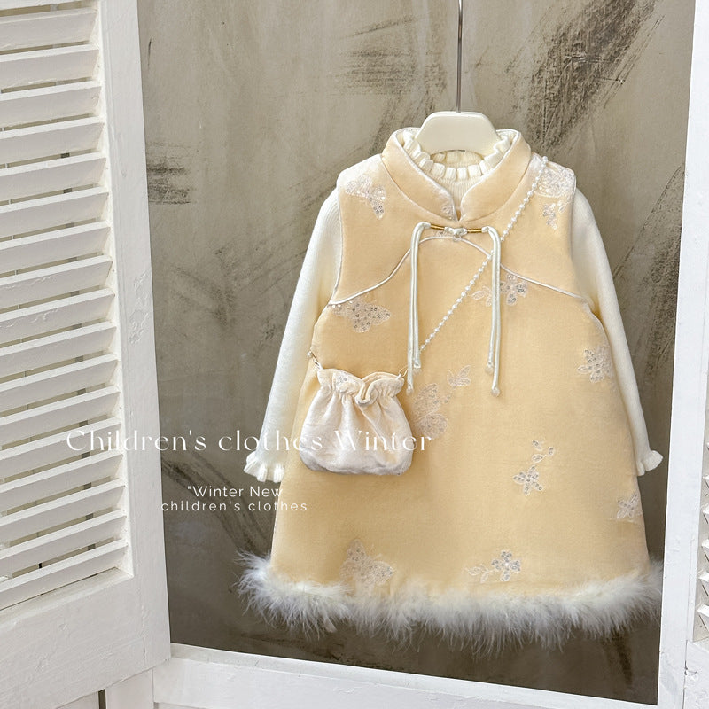 Girls' dress  new quilted padded vest dress chinese style sweater two-piece set new year's outfit