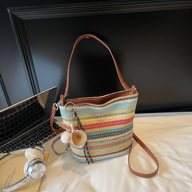 New arrival bucket bag niche style woven bag stripes shoulder bag trendy armpit bag fashion straw bag satchel crossbody bag