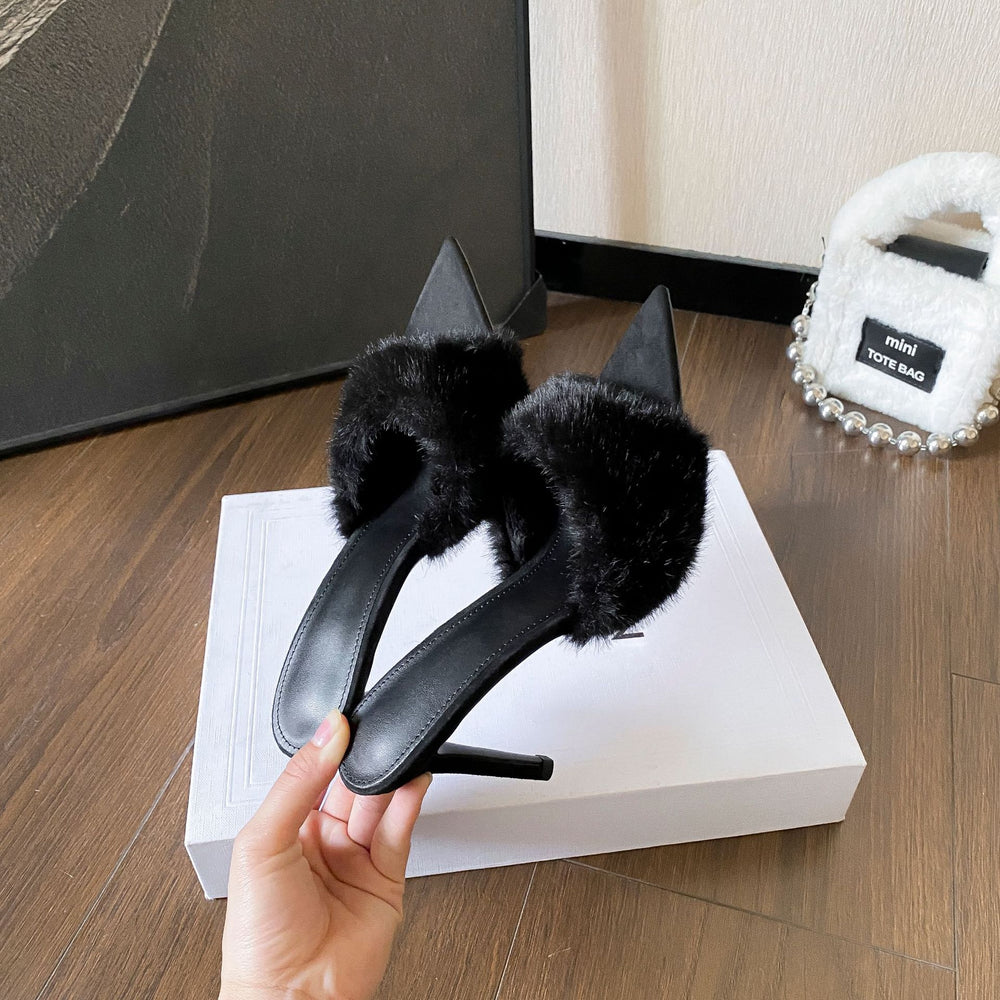2026 fall/winter new collection: non-slip, fuzzy-lined high-heeled slippers. pointed-toe, stiletto heel, comfortable, versatile, and stylish premium women's footwear