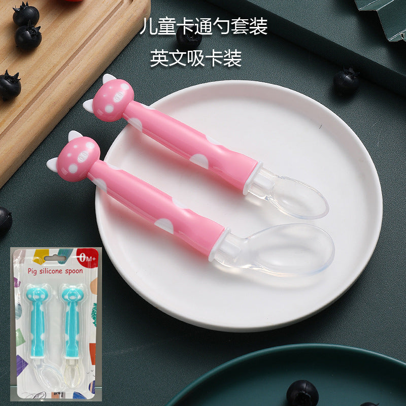 English card pack, baby spoon, child feeding tableware, silicone soft spoon, baby rice spoon, eating training elbow spoon