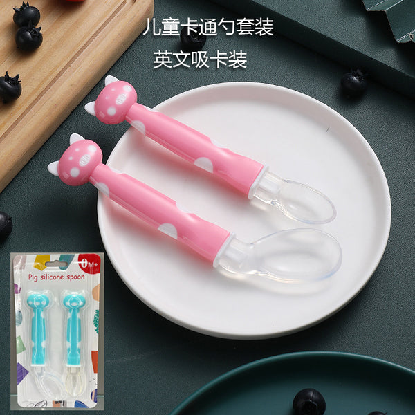 English card pack, baby spoon, child feeding tableware, silicone soft spoon, baby rice spoon, eating training elbow spoon