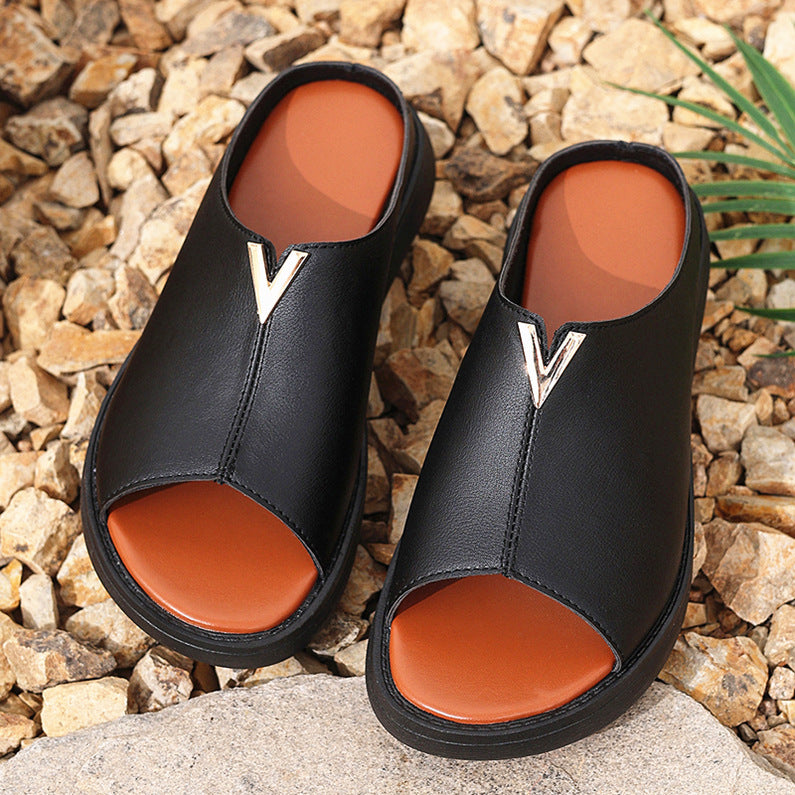 Women's slippers 2025 summer new fish mouth outwear wedge metal v-shaped decorative buckle platform shoesthick sole sandals