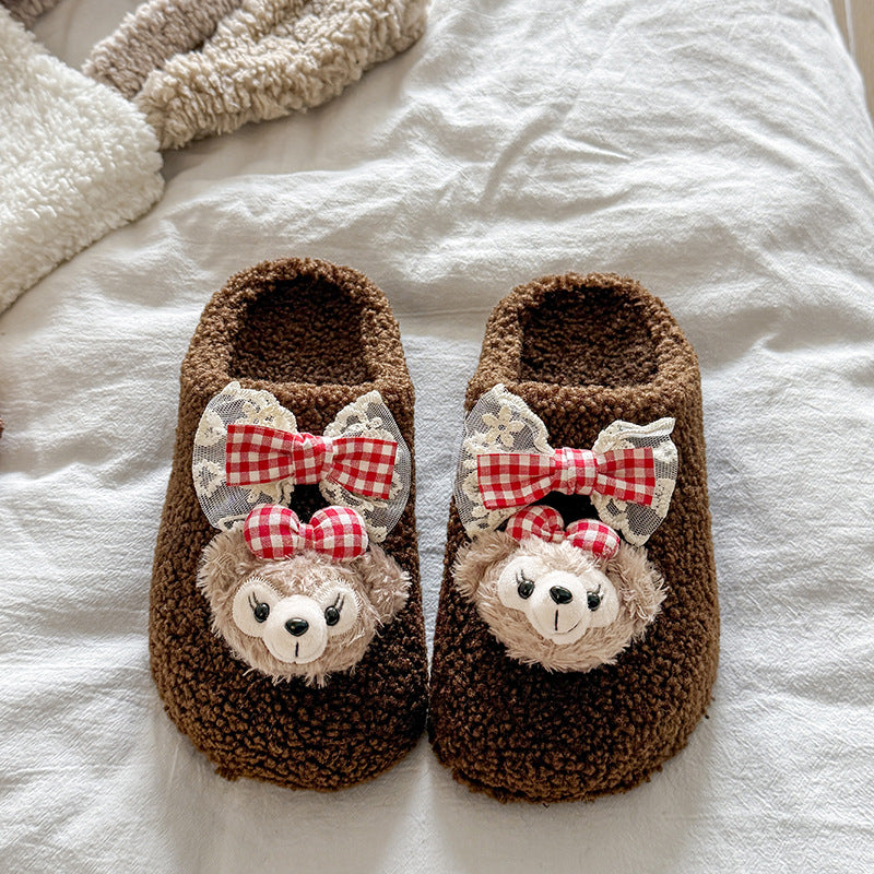 Cotton slippers women's autumn wintercute shirley rose bear outwearthick sole home non-slipfleece-linedheattech confinement shoes