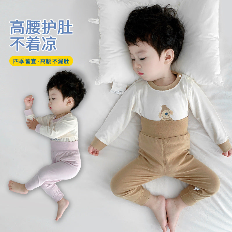 Baby autumn clothes and long pants suitpure cotton baby separateshigh waist belly protection heattech underwear girl bottom shirt fall and winter
