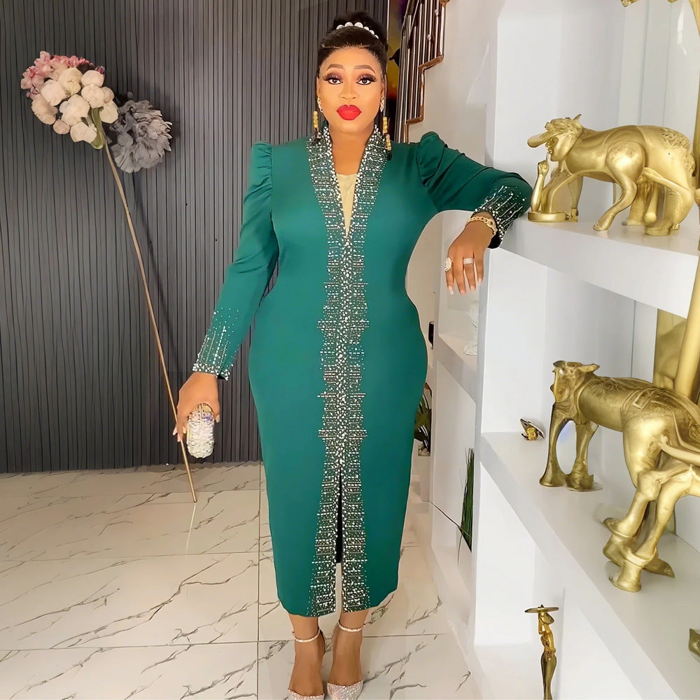 Temu cross-border e-commerce  fashionfashion women's clothing hot diamond beads african plus sizeolwork clothingdress