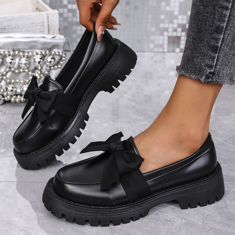 cross-border large size 35-43 black loafers women's niche bow thick bottom small leather shoes retroflats women