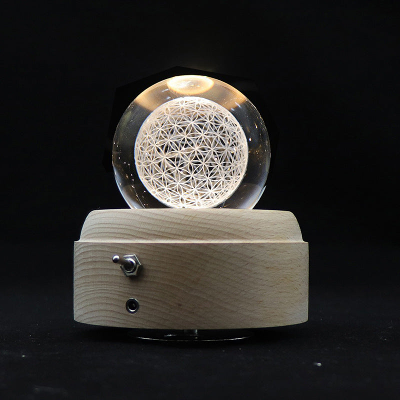 ins girl bedside lamp music box crystal ball wooden base music box charging luminous rotating music box