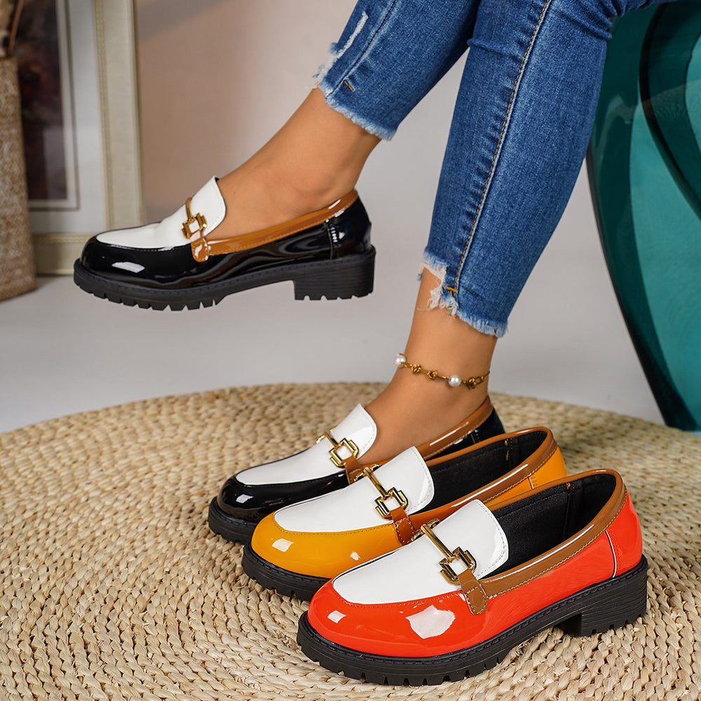 Wholesale plus size loafers: new color block design with metal buckle, british style slip-on chunky heel