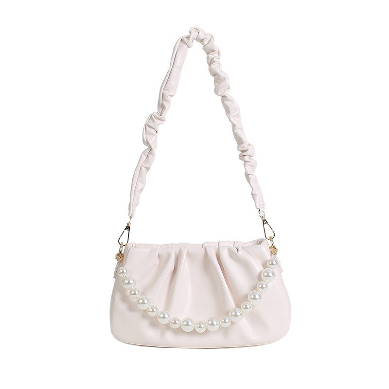 New retro ins pleated shoulder bag pearl chain small fragrant women's bag Korean version versatile portable messenger bag