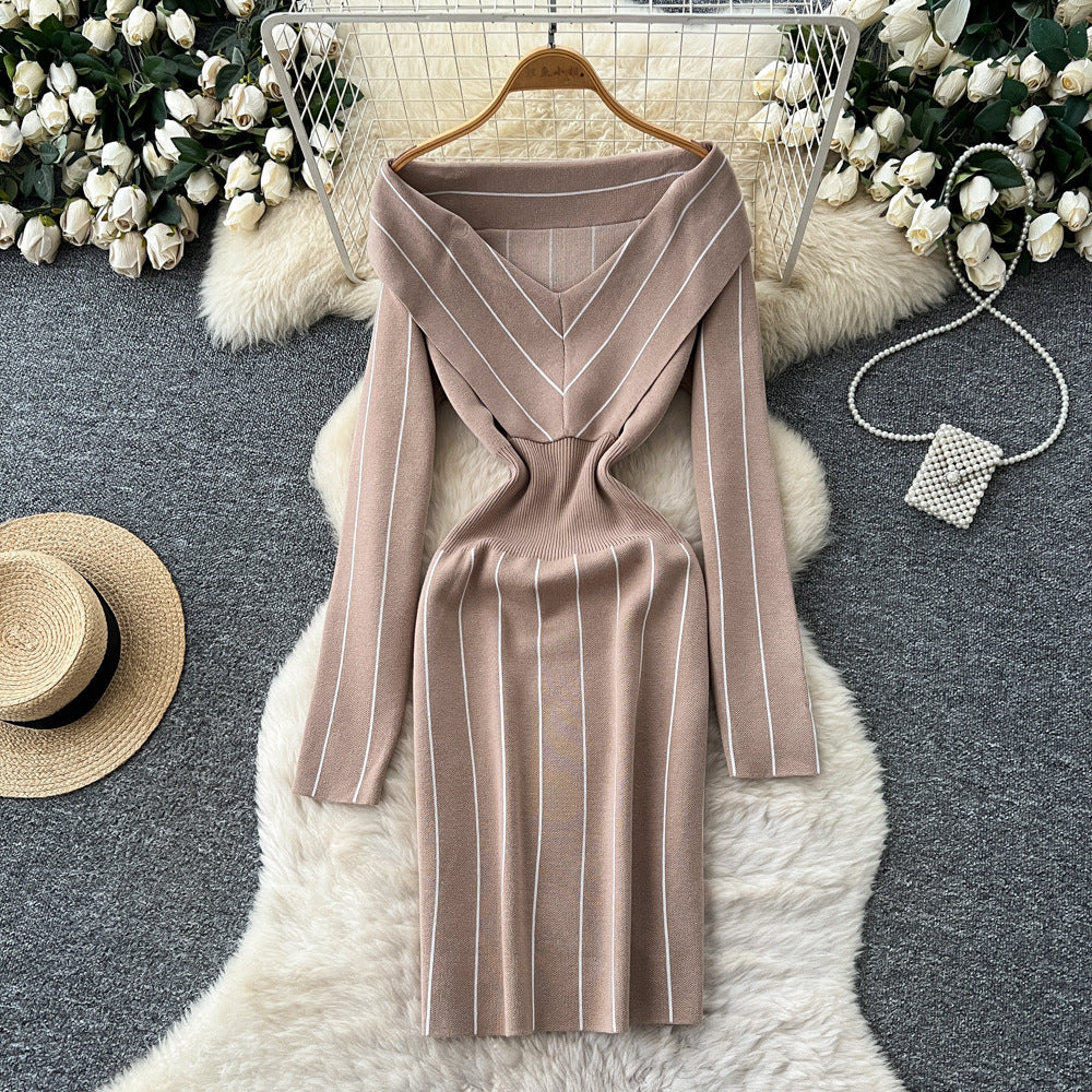 Xiaoxiangfengclassy contrast colorbows strappy long sleevesdress women's metal buckle waist slimming lookknitting short skirt