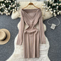Xiaoxiangfengclassy contrast colorbows strappy long sleevesdress women's metal buckle waist slimming lookknitting short skirt