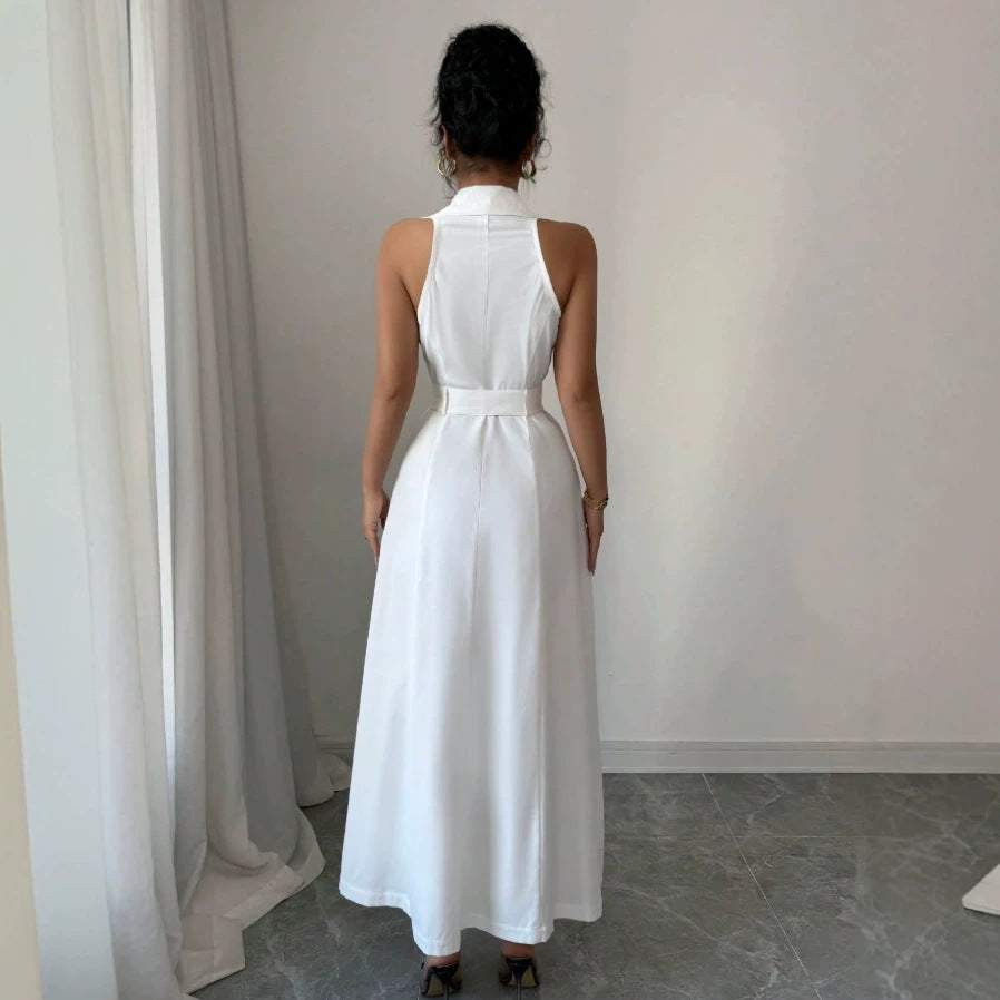 double-breasted elegant polo collar sleeveless dress - slim fit, figure-flattering a-line dress