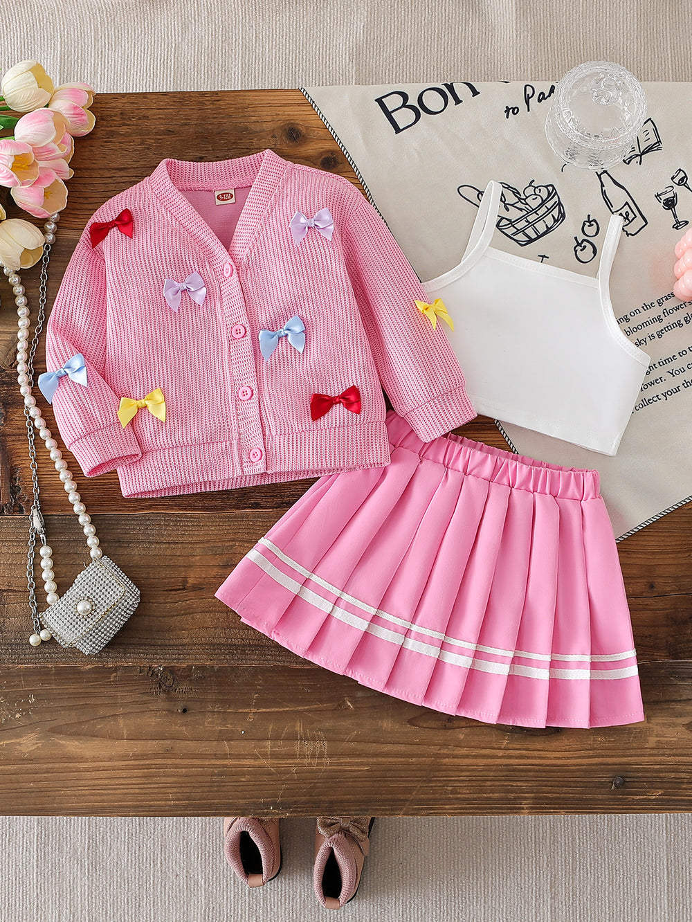 cross-border korean style girls' preppy bow cardigan solid color camisole + a-line pleated skirt three-piece set