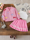 cross-border korean style girls' preppy bow cardigan solid color camisole + a-line pleated skirt three-piece set
