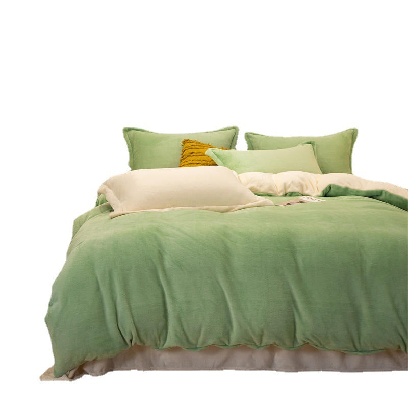 Solid color milk fleece four-piece set, fleece wholesale coral fleece bedding, bed sheet quilt cover, flannel bed three-piece set, winter