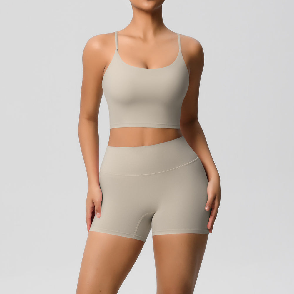 New arrival: cross-border brushed solid color racerback compression breathable yoga set - women's activewear running & fitness shorts set