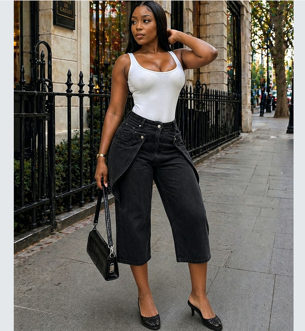 European and american style high-waisted cropped jeans - new  cross-border women's fashion with asymmetrical button design and wide leg